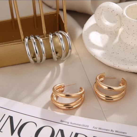 Gold Layered Half Hoop Earrings - Picture 6 of 8